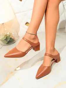Women's Pointed Toe Chunky Heel Mules, Elegant Single Strap Sandals, Perfect for Office, Brunch, and Daily Wear, All-Season Fashion