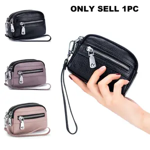 1pc Mini Coin Purse, Double Zipper Leather Small Wallet With Silver Hardware & Wrist Strap, Multifunctional Pouch for Cards, keychains and Coins