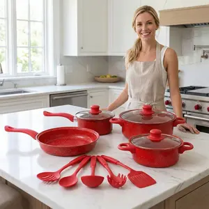 Red 13-piece pot set, non-stick kitchen set for family dinners, soup pot + frying pan combination, non-stick and easy to clean, kitchen stewing and frying all-round good things, Kitchen Cookware Sets