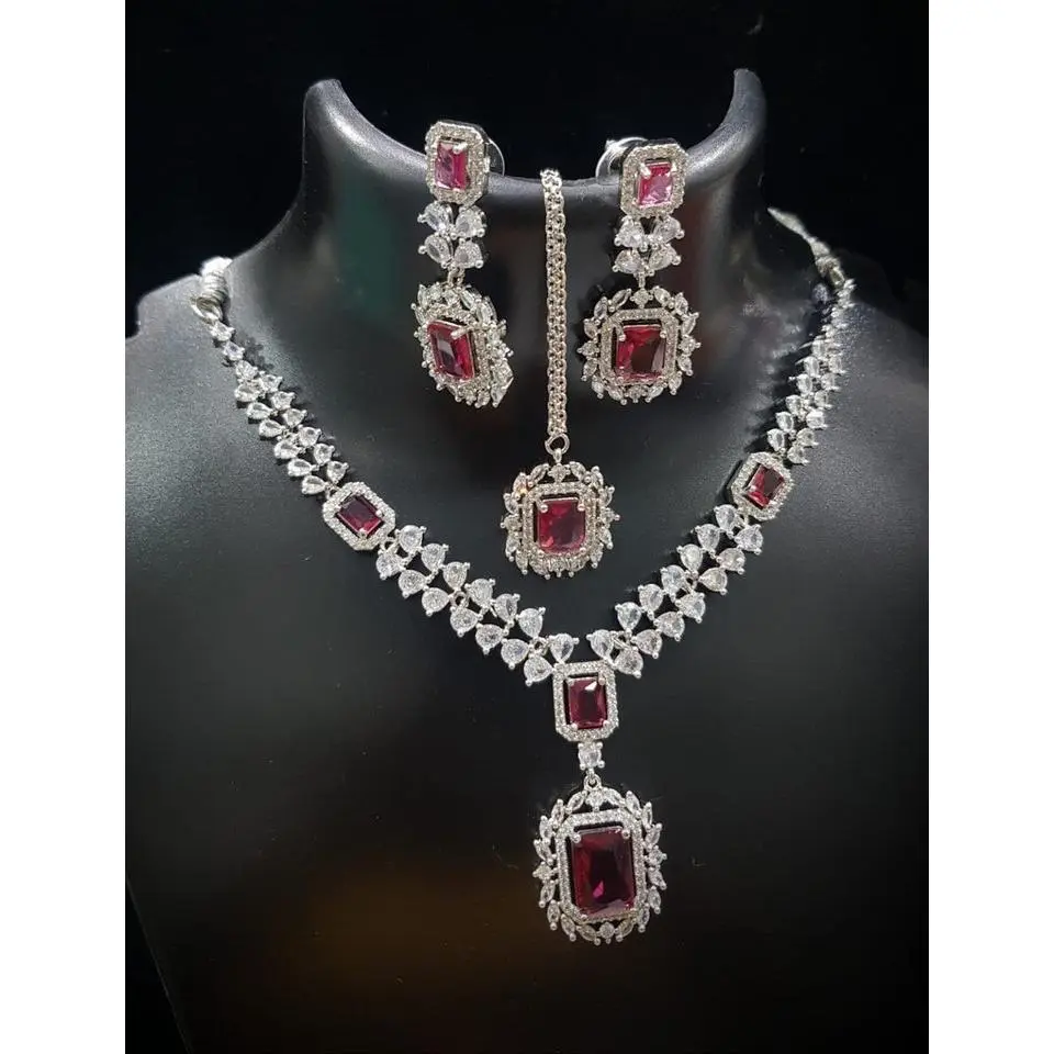Maroon Stone Women Necklace Set With Maang Tika & Two Matching Earring