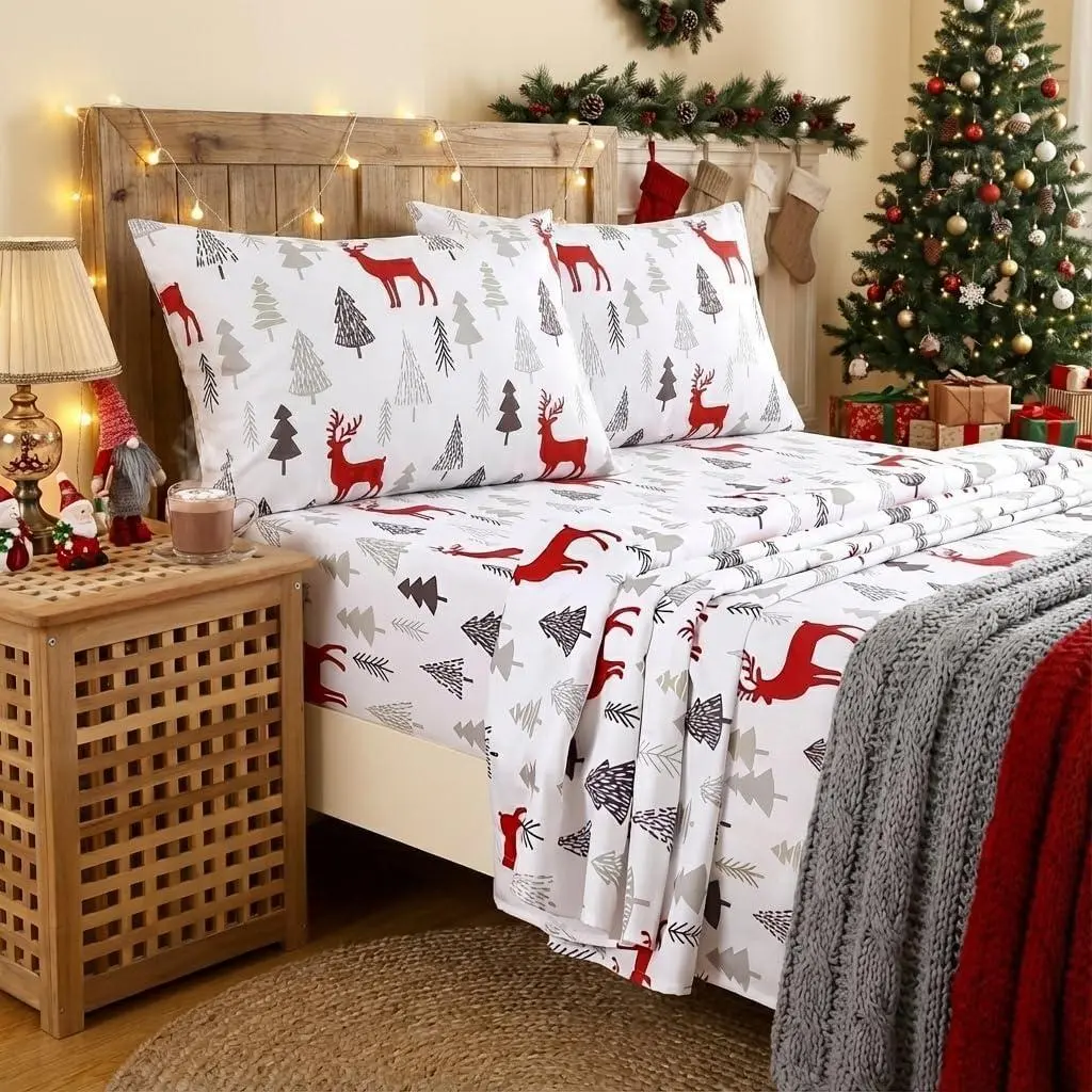 Christmas Bed Sheets King, Soft Brushed Microfiber Bed Sheet Set | 16 Inches Deep Pocket Fitted Sheet Winter Holiday Sheets Set (Christmas Pattern, King)