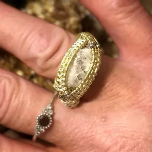 Handmade natural Tourmaline Quartz gem wire wrapped gold brass beaded statement ring size 7.