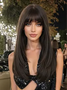 Fashionable New 26 Inch Long Straight Dark Brown Wigs with Bangs, Synthetic Women's Wigs for Ordinary Work, Life, Dance Parties and All Occasions, Synthetic Material Wigs
