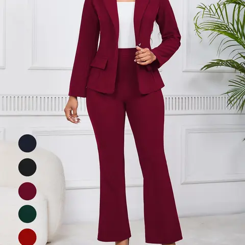 Women's Casual Fitted Two-Piece Set, Suits, Solid Color Lapel Neck Blazer and Trouser, Ladies Clothes for All Seasons, Business Attire for Daily Outdoor Use
