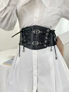 Women's Casual Long Sleeve Top, Round Neck Drop Shoulder Design, Perfect for Daily Wear & Outdoor Activities, Comfortable Fit, Vintage Belt