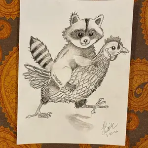 Chicken Run Charcoal 9 x 12 Artwork Featuring a Raccoon and Chicken Design