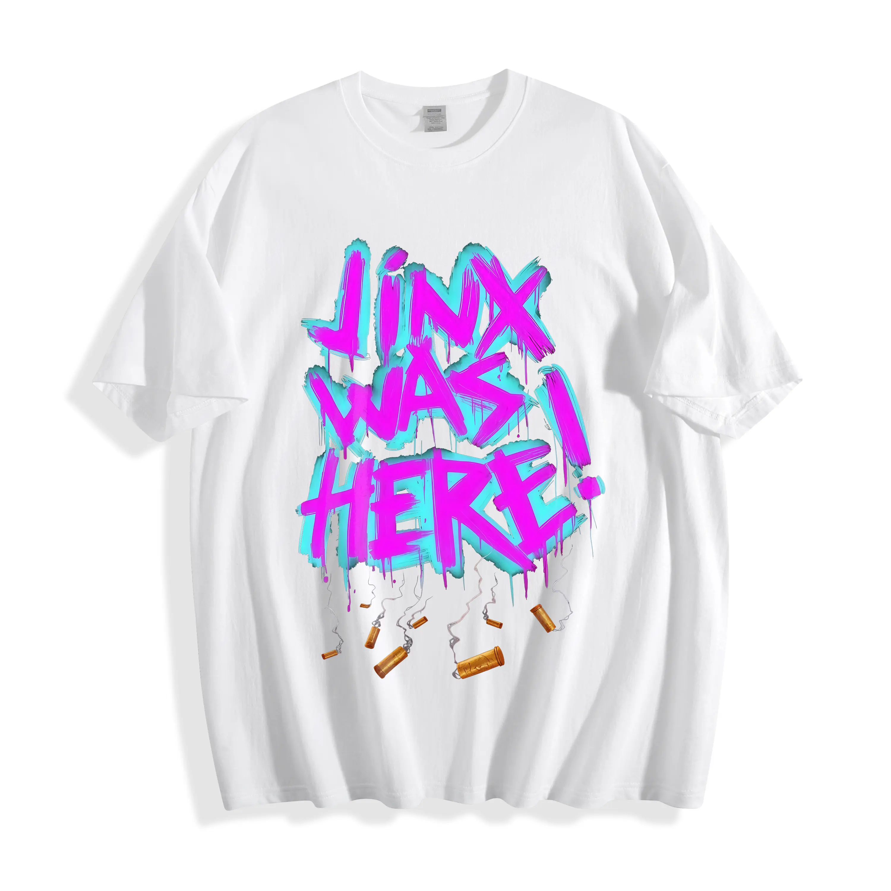 Arcane Jinx “Was Here” signature T-shirt, suitable for gamers; game character cosplay streetwear; unisex fan merchandise gift, ideal for a best friend’s birthday and Halloween cosplay parties.