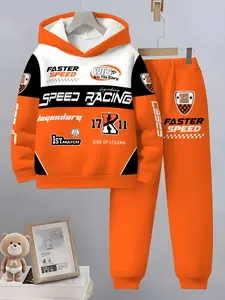 Boys' 3D Racing Set Hooded Sportswear, Sporty Style Clothes, Sporty Design, Spring & Fall Back-To-School Essential, Fitted Jogger Pants Combo, Outdoor Activities, Sports Suit Set