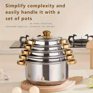 Stainless steel pot set, including 5 pots and 5 glass lids, golden handle, suitable for electric stove, suitable for soup, hot pot, noodles, pasta, seafood soup and other foods, suitable for outdoor camping, restaurant kitchen supplies