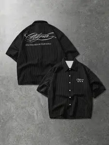 Men's Short Sleeve Cuban Collar Shirt, Striped Design with California Star Detail, Lightweight Breathable Fabric, Versatile Streetwear Style