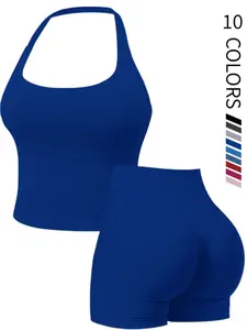 Women's Two-Piece Set, Solid Color Halter Top & High Waist Shorts, Sporty Breathable Quick-Dry for Yoga Gym Workout Running