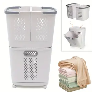 Removable Household Laundry Basket with Wheels, Bathroom Laundry Basket, 2-Layer Rolling Laundry Basket White