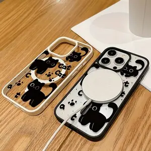 Cute Doodle Black Cat Magnetic iPhone Case for 17/16/15/14/13/12/11 Pro Max/Pro/Plus/Air/Xs - Durable TPU & Acrylic Cover with Wireless Charging Compatibility Cellphone Smartphone Protection Casing Protector Shockproof Screen Protector Protective