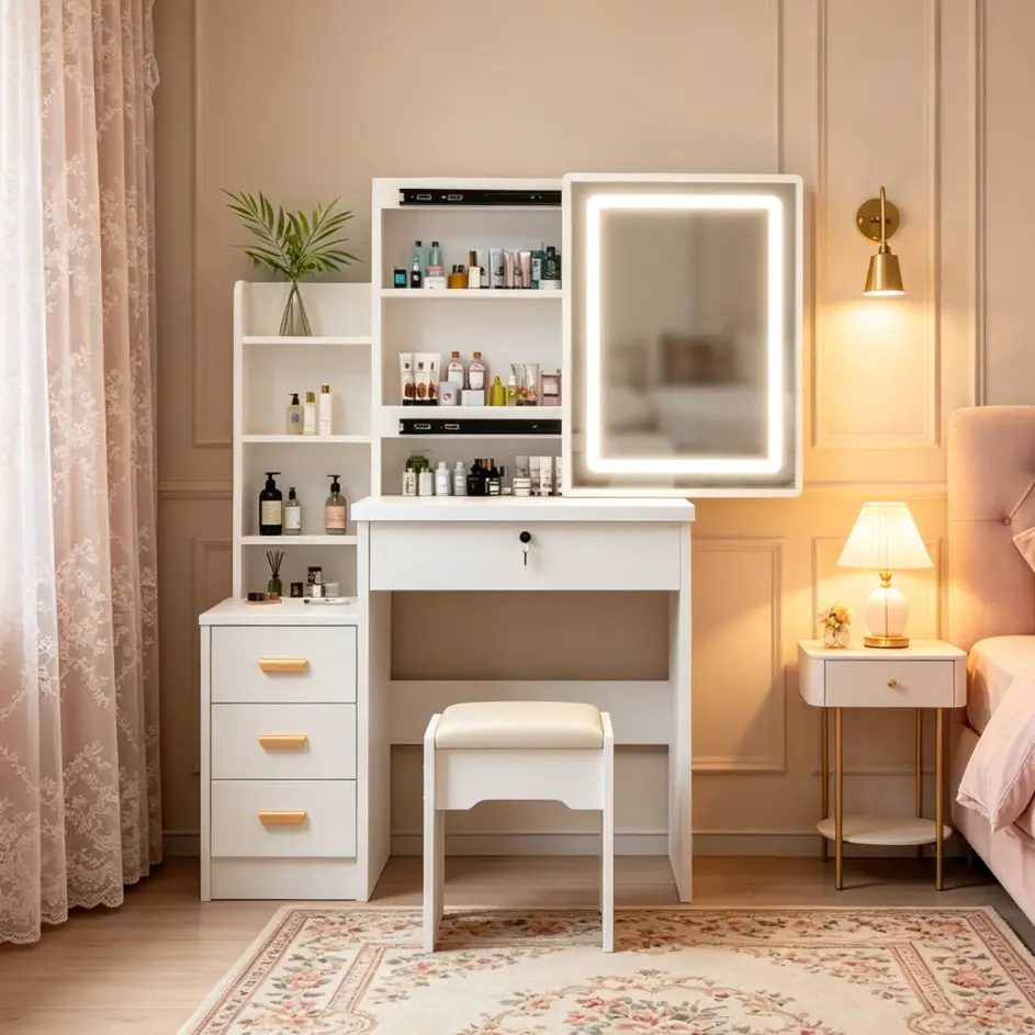 White makeup table set includes LED touch-control mirror; features storage compartments and a matching cushioned stool; suitable for various settings including bedrooms, living rooms, and dorms. top vanity summervibes amerlife