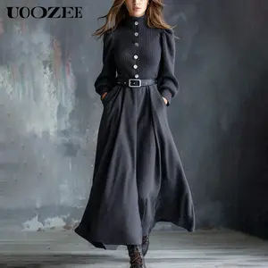 UOOZEE Women's Top Ribbed Knitting Drape A-Line Maxi Dress - Autumn Winter, Long Sleeves, Mock Neck, Black Waistband, Pockets, Belted, Comfortable Minimalist Casual Garments, Cloth for Fall Brunch, Evening Wear, Pairable with Blazer, Earrings, Bag