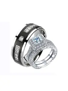3 Pieces His Hers Cz Sterling Silver & Black Plated Titanium Wedding Ring Set Jewelry