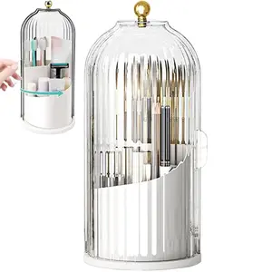 Dustproof Toothbrush Holders with Cover, Rotating Electric Toothbrush and Toothpaste Holder for Bathroom Countertop, 3 Slots Transparent Make up Brushes Organizer for Vanity Toothbrush Brushes Storage Bucket