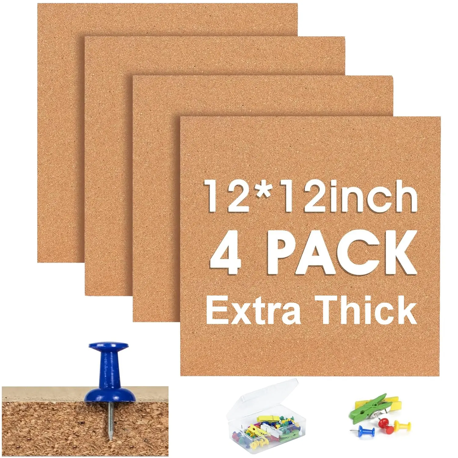 Cork Bulletin Square Board For Walls -  4 Pack Extra Thick 12x12 Inches Tiles Home Office Decor  Sheet School Message Decorative Display Boards