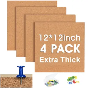 Cork Bulletin Square Board For Walls -  4 Pack Extra Thick 12x12 Inches Tiles Home Office Decor  Sheet School Message Decorative Display Boards