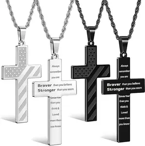 Black & Silver CrossFlag Necklace with Bible Verse& AmericanFlag, Inspirational Gift for MenTeens Boys Confirmation Birthday CoolBoyfriend Chain,Daily Accessories