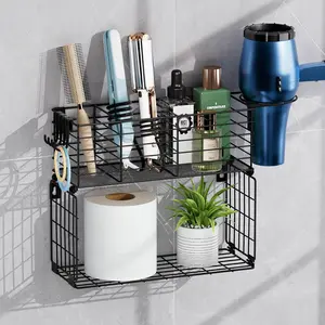 Metal Hair Tool Organizer with Toilet Paper Basket, Bathroom Blow Dryer Curling Iron Holder Wall Mount, 2 Tiers Styling Tools Organizer for Straightener with Hooks, Black