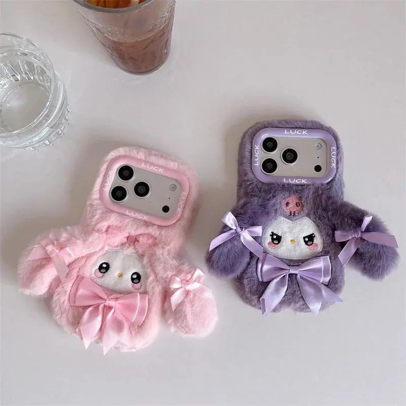 For iphone 17 16 15 14 Plus 13 Pro Max Air Plush Embroidered Cartoon My Melody Phone Case Plus Hole Lens Protection Cover