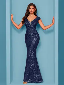 BluePlum Women's Sparkly Metallic Glitter Sequin V-Neck Long Sleeve Stretchy Bodycon Maxi Gown - Pull-On, Fishtail Hem, Elegance-Focused Formal Wear for Lady's Party, Prom