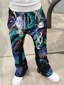 Men's Vintage Flared Trousers, Geometric Dragon Print Wide Leg Pants, Casual Fitted Joggers, All Season Sport Long Pants, Flared Sports Pants, Athleisure Casual Bottoms