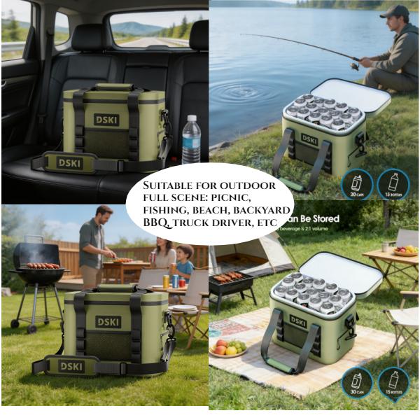 New outdoor cooler bag, lunch bag - grey/green, with insulation and refrigeration protection,large capacity of 30 cans/15 bottles, thick handle and adjustable shoulder strap,for party, camping, fishing, long-distance truck driver commuting, takeout etc.