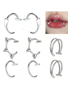 8pcs Stainless Steel Fake Lip Ring Vampire Teeth Ring Adjustable Non-Piercing Lip Cuff Ear Cuff Earrings Fake Lip Piercing Fake Septum Nose Piercing Jewelry For Women Men