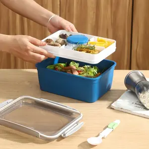 All-in-One Salad Container Food Lunch Container, 64-ounce Large Bento Lunch Box With 5 Compartments, Spoon, And Salad Dressing Container, Lidded Food Prep Storage Container, Microwave And Dishwasher Safe, BPA-Free.