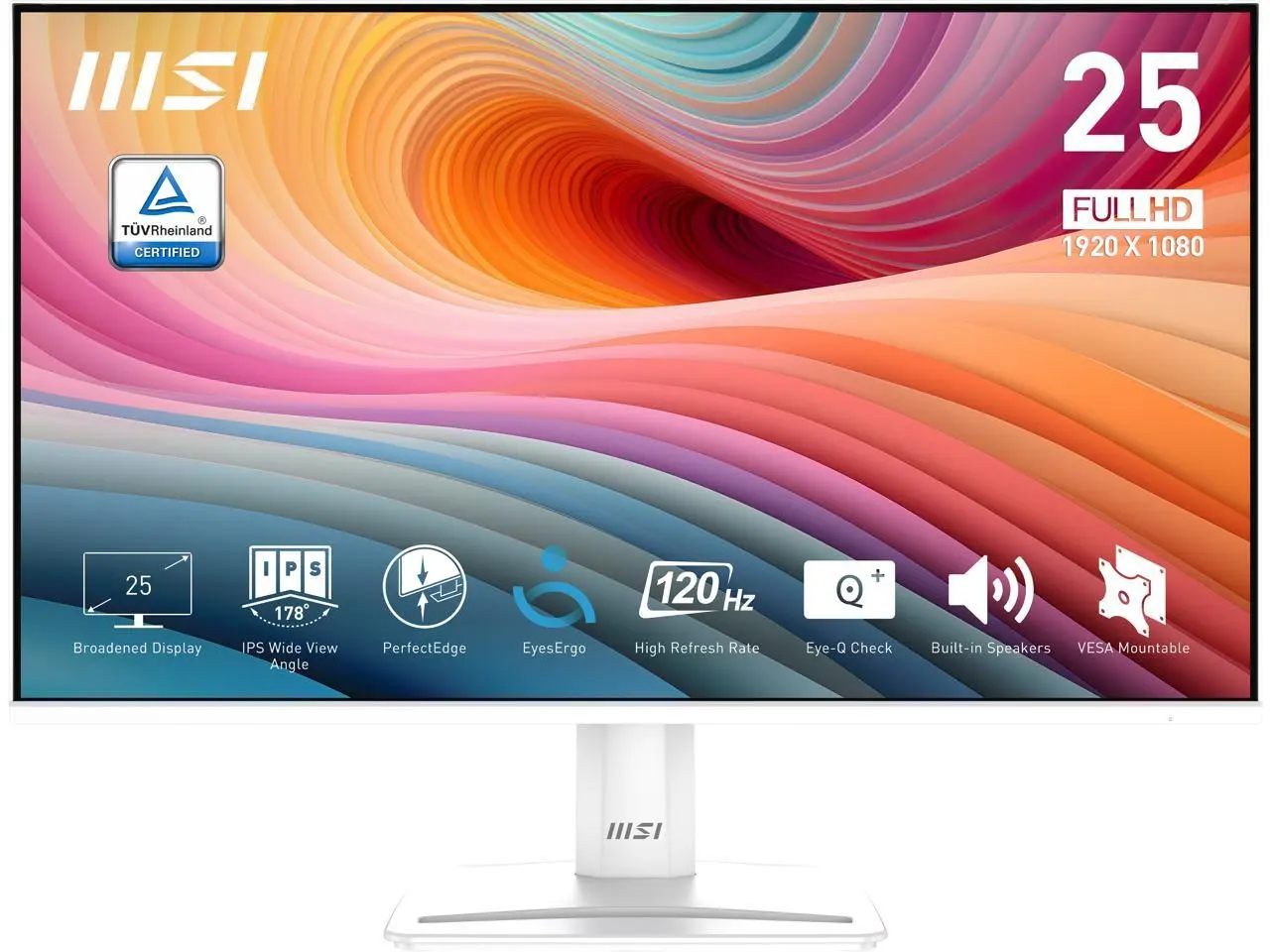 MSI 24 inch (24.5" viewable) Full HD 120Hz IPS with Adaptive Sync 1ms HDR Ready Built-in Speakers White Computer Monitor with phone accessory slot on stand PRO MP251W E2
