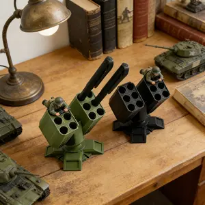 Creative High-Altitude Anti-Aircraft Gun Pen Holder | Plastic Missile Launcher Desk Organizer, Brushed End, Holds Up To 12 Pens, Ideal For Office Decor And Military Enthusiasts