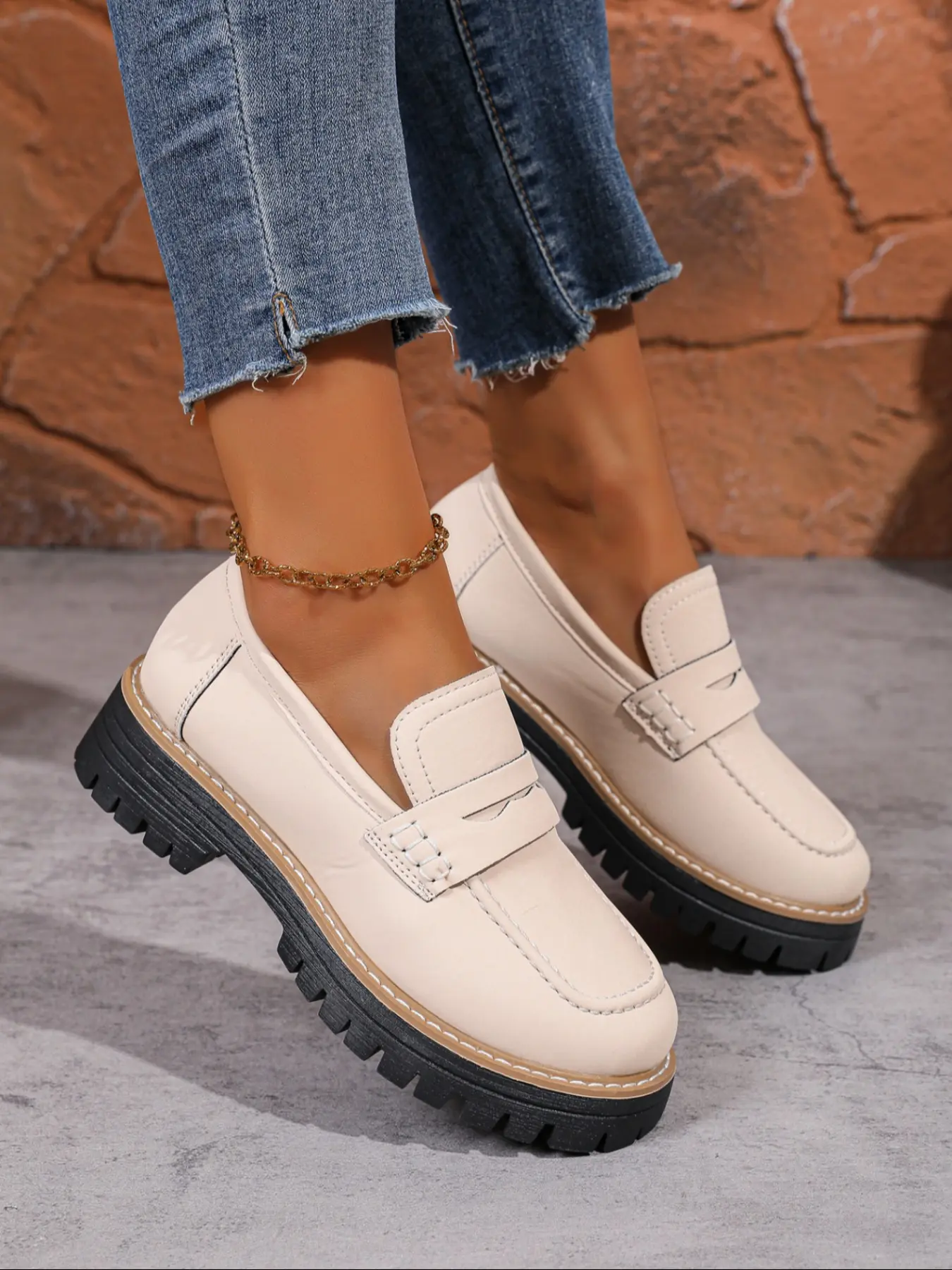 Women's Thick Sole Platform Fashionable Loafers New Style British-Style Slip-On Versatile Single Shoe, Textile Upper, Rubber Material, All Seasons, Flatform