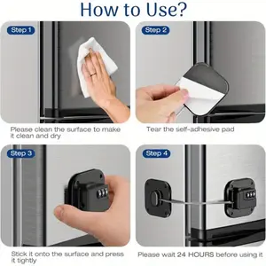 4PCS Refrigerator Lock Set, Heavy Duty Combination Safety Lock for Fridge, Cabinets & Drawers, No-Drill Adhesive Design