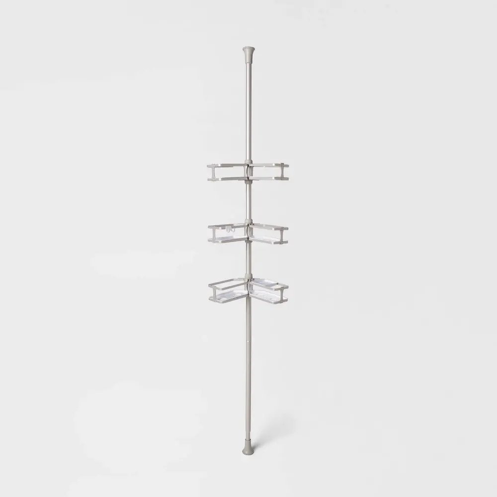 Aluminum Corner Tension Pole Caddy Gray - Threshold: Bath Organizer with Adjustable Shelves