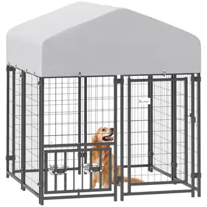 PawHut 3.9' x 3.9' x 4.5' Outdoor Dog Kennel, Welded Wire Heavy Duty Dog Run with 360° Rotating & 4 Level Adjustable Bowls, Dog Kennel Outside with Waterproof & UV Resistant Cover, for S&M Dogs