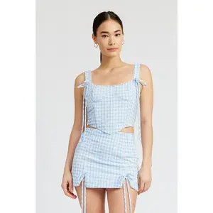 GINGHAM BUSTIER TOP WITH SMOCKED BACK Cropped Fit
