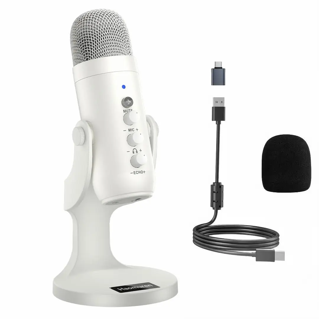 HAOMUREN USB Condenser Microphone, Pc Mic with Type-C Adapter, Plug & Play Gaming Microphone with Headphone Out & Volume Control, Mic Control, Mute Button Perfect for Live Streaming Equipment, Wired Recording, Podcasting, Recording, Audio