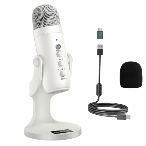 HAOMUREN USB Condenser Microphone with Type-C Adapter, Plug & Play Gaming Microphone, Computer Mic with Headphone Out & Volume Control, Mic Control, Mute Button Perfect for Live Streaming Equipment, Wired Recording, Podcasting, Recording, Audio