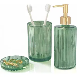 3 Pcs Green Bathroom Accessories Set, Glass Bathroom Set, Soap Dispenser, Toothbrush Holder, Jewelry Tray, Modern Bathroom Decor, Housewarming Gift Set