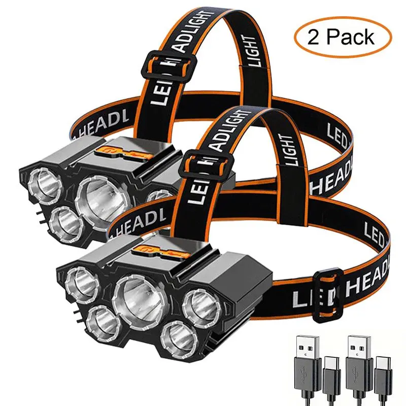 2 Portable 5-LED 18000-Lumen Adjustable Headlamps, USB-Rechargeable Waterproof Flashlights, Ideal for Outdoor Camping & Car Maintenance, Home Supplies Party Gift