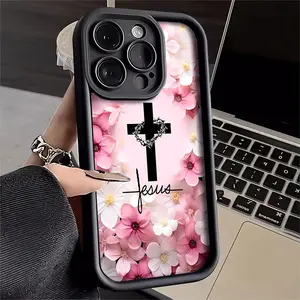 Cross Crown of Thorns Jesus Pink Floral Gentle Girl-Themed Phone Case, High Quality Protective Phone Case, Suitable for iPhone 17/16/15/14/13/12/11 Pro, Plus, Pro Max, Mini, X, XS,XSMAX, XR and Other Series, Shockproof, Lightweight, TPU Material.