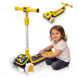 Kids Ride On 3-Wheel Scooter with Buildable Blocks PU Flashing Wheels Folding Kick Scooter Thickened Aluminum Tube Height Adjustable Handlebar One-Touch Footbrake for Ages 3-9
