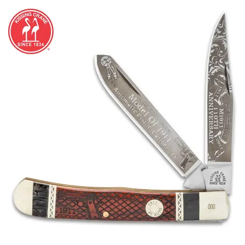 Kissing Crane M1911 Pistol Trapper Pocket Knife - Bone & Brass Outdoor Survival EDC Tool, Portable Knives with 45 Shell Medallion, Retractable Well-Designed Blades for Peeling, Whittling, Camping