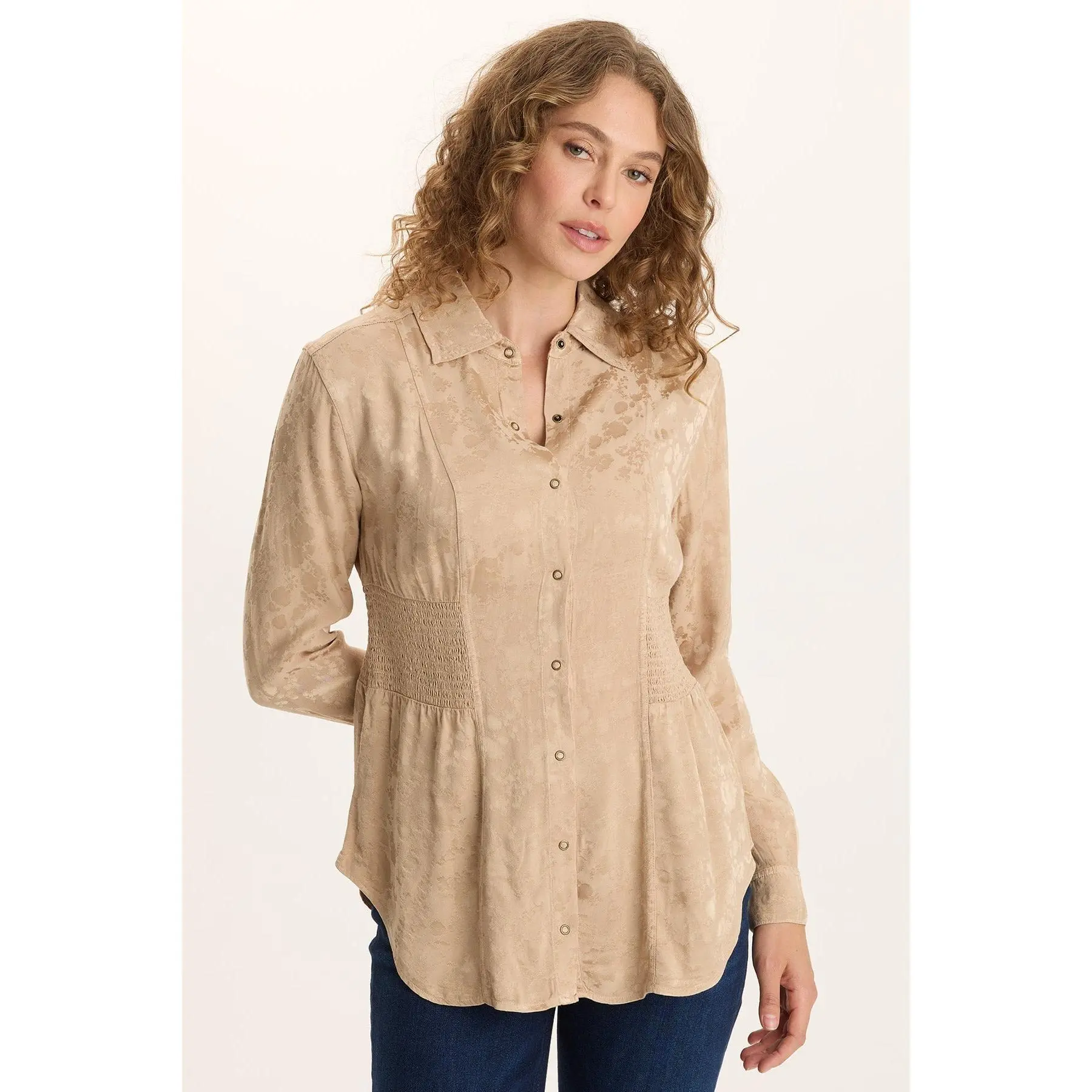 Senneca Textured Satin Shirred Peplum Button-Up Blouse