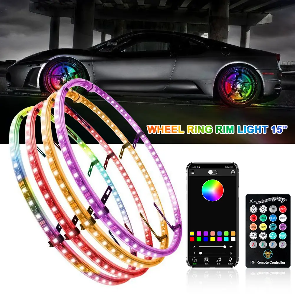 RGB LED Wheel Ring Lights for Cars and Trucks - APP & Remote Control, 23 Dynamic Modes & Music Sync, Waterproof Shockproof, Easy Installation, Colorful Lights Wheels, Car Accessories, Vehicle Accessories