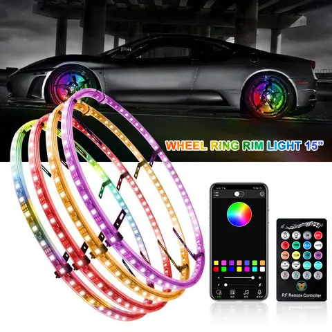 RGB LED Wheel Ring Car Ambient Lighting - LED Truck Pickup Accessory for Suburban, Acadia, Cheyenne, Colorado, Tahoe, Avalanche, GMC Sierra, Raptor - APP & Remote Control, 23 Dynamic Modes, Music Sync, Waterproof, Shockproof, Easy DIY Car Atmosphere Lamp