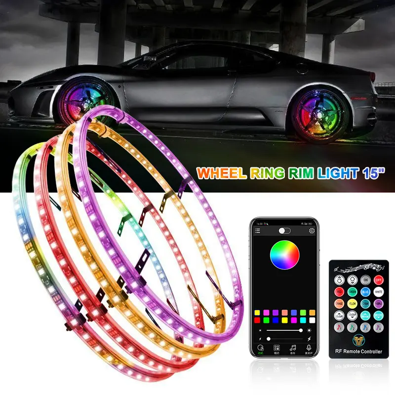 RGB LED Wheel Ring Car Ambient Lighting - LED Truck Pickup Accessory for Suburban, Acadia, Cheyenne, Colorado, Tahoe, Avalanche, GMC Sierra, Raptor - APP & Remote Control, 23 Dynamic Modes, Music Sync, Waterproof, Shockproof, Easy DIY Car Atmosphere Lamp