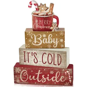 4 Pc Christmas Table Decor Wooden “Merry Christmas Baby It’s Cold Outside” Hot Cocoa Block Signs – Rustic Farmhouse Winter Tiered Tray & Centerpiece Kit | Holiday Kitchen Shelf Decor Gift, Christmas decoration, home décor, wood sign